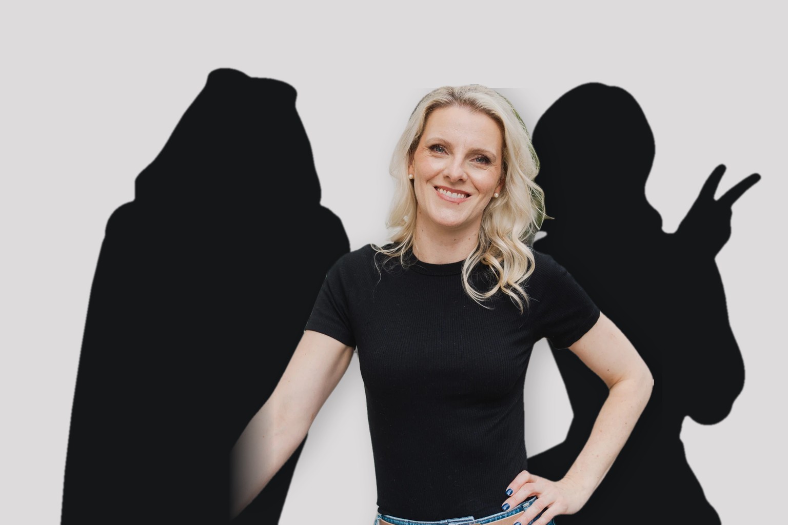 Tash Miller with two mystery speakers shown as silhouettes, to be revealed soon